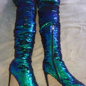 Sequin Knee-High Boots - Blue and Green